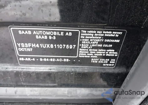 2008 Saab 9-3 Aero z USA, uszkodzony, nr VIN YS3FH41UX81107597